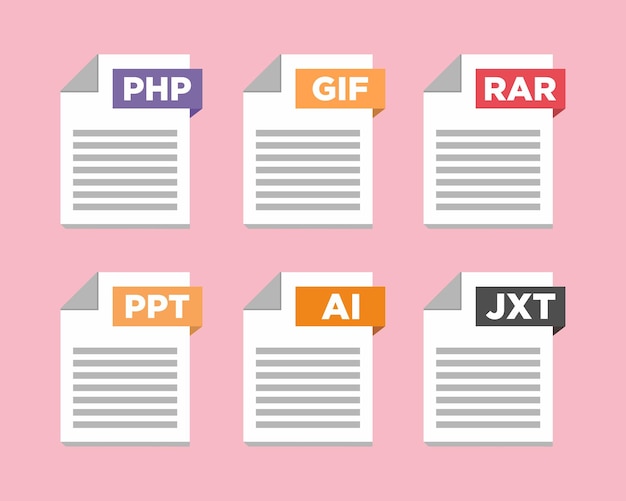 Iconos de tipo de archivo Formato y extensión de documentos Conjunto de pdf doc excel png jpg psd gif csv xls ppt html txt y otros Iconos para descargar en la computadora Plantillas gráficas para ui