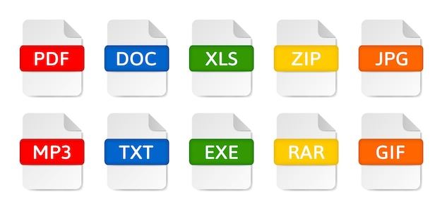 Vector iconos de tipo de archivo formatos de documento pdf doc y xls extensión de archivo zip y jpg extensión de archivo mp3 txt exe rar gif