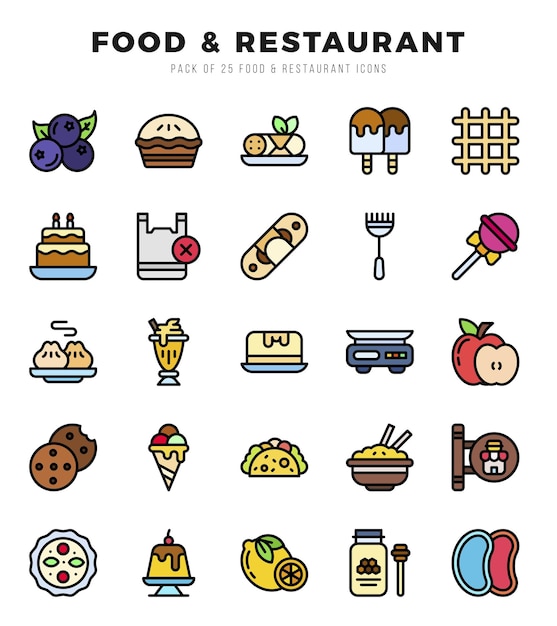 Vector iconos de tipos de alimentos y restaurantes vectoriales configurados en ilustración vectorial de estilo de color lineal