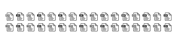 Vector iconos de tipos de archivos diferentes formatos muchos iconos de documentos lista de extensiones colección de archivos de imágenes