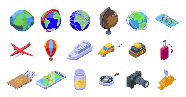 Los iconos de todo el mundo establecen un vector isométrico Globo terráqueo