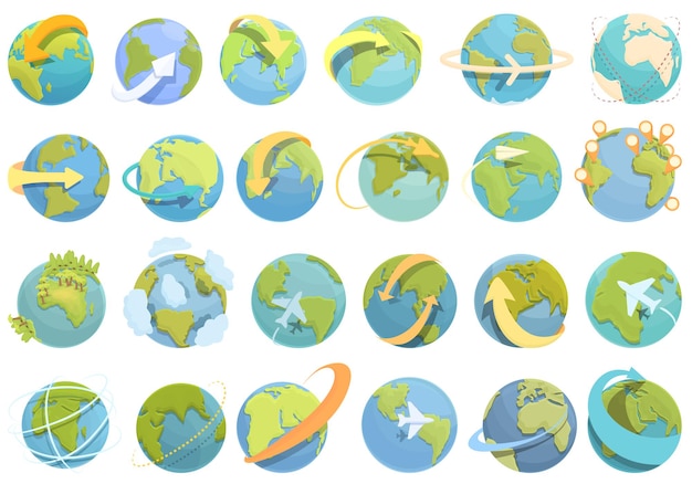 Los iconos de todo el mundo establecen vectores de dibujos animados. Mundo globo