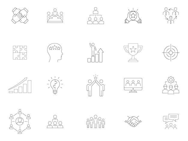 Iconos de trabajo en equipo Establezca Colaboración Éxito Negocio