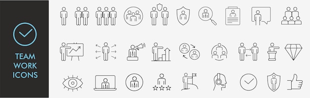Vector iconos de trabajo en equipo en estilo de línea. equipo, empresarios, recursos humanos, colaboración, investigación.