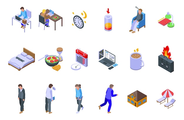 Los iconos de trabajo tardío establecen vector isométrico. Hora diaria. Tiempo de la mañana