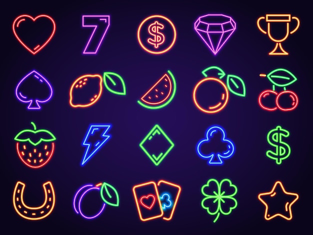 Iconos de tragamonedas de neón del casino Vegas para letreros y decoración. Brillantes símbolos de juego de juego 7, cartas, frutas, monedas, cereza y trébol de la suerte conjunto de vectores. Ilustración de jackpot y casino lucky.