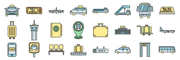 Vector los iconos de transferencia del aeropuerto establecen una línea de color vectorial