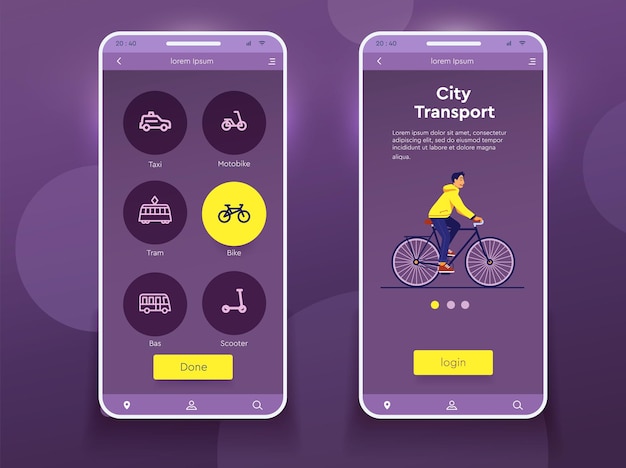 Iconos de transporte de la ciudad con mapa de la ciudad vectorial autobús taxi coche tren tranvía bicicletas scooter estilo lineal aplicación móvil