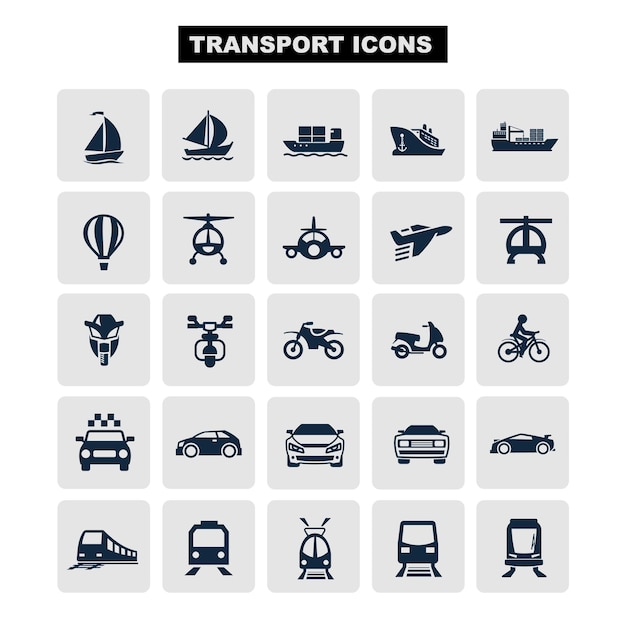 Iconos de transporte Coches, barcos, trenes, aviones, ilustraciones vectoriales, siluetas aisladas