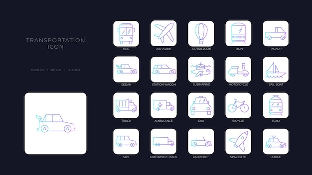 Iconos de transporte con estilo de contorno azul púrpura