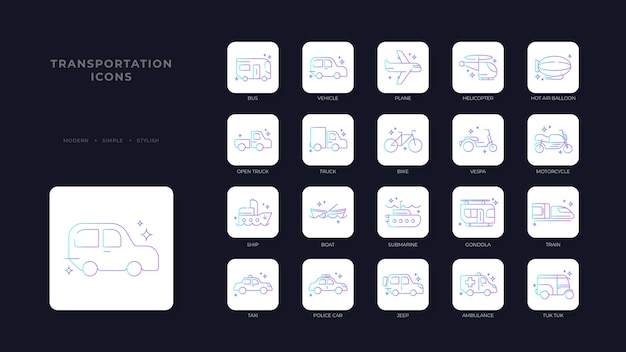 Iconos de transporte con estilo de contorno azul púrpura