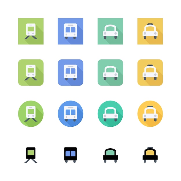 Iconos de transporte Trenes y coches de varios colores y formas