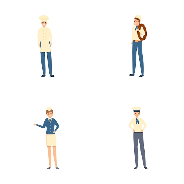 Iconos de la tripulación del barco, el vector de dibujos animados, el personaje de la triperación del crucero.