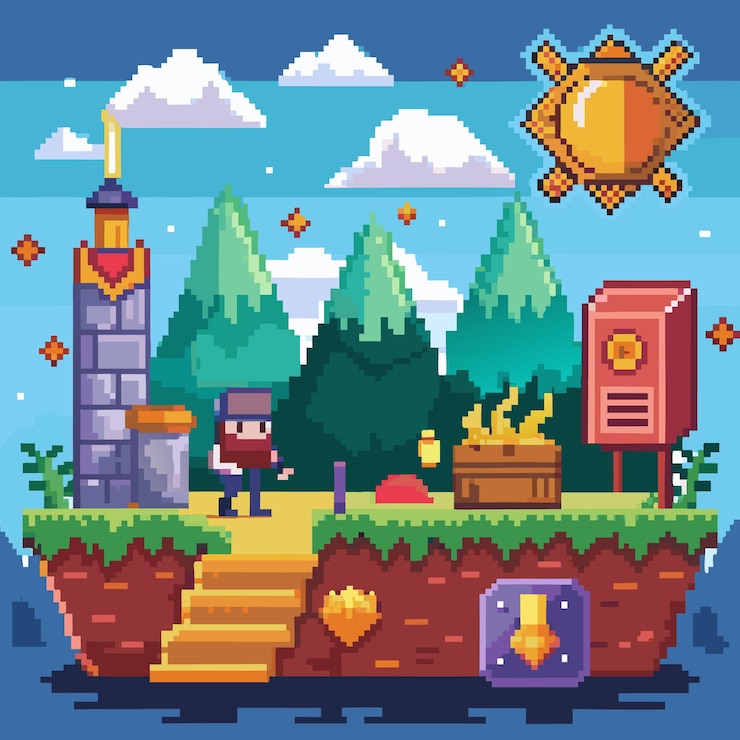 Vector iconos de trofeos de juegos retro pixel y elementos vectoriales para el diseño de niveles de arcade de aventura