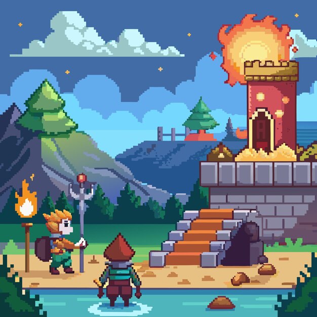Iconos de trofeos de juegos Retro Pixel y elementos vectoriales para el diseño de niveles de arcade de aventura
