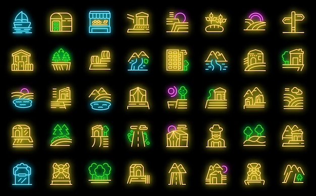 Iconos de turismo agrícola establecidos vector de contorno Casa rural Casa familia