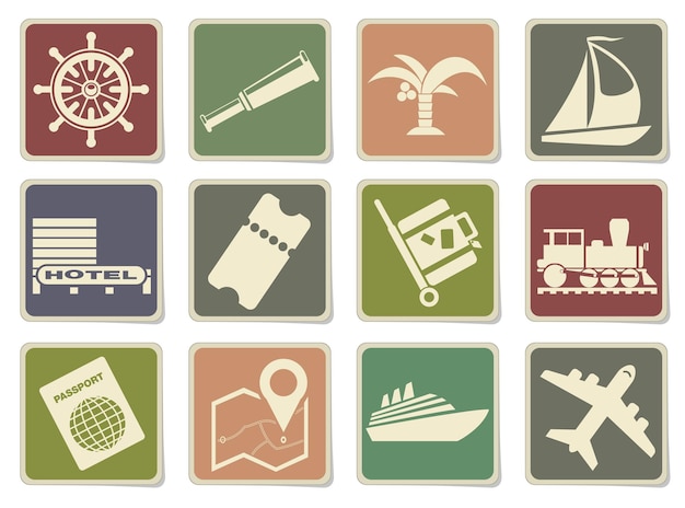 Iconos de turismo y viajes en etiquetas de cartón