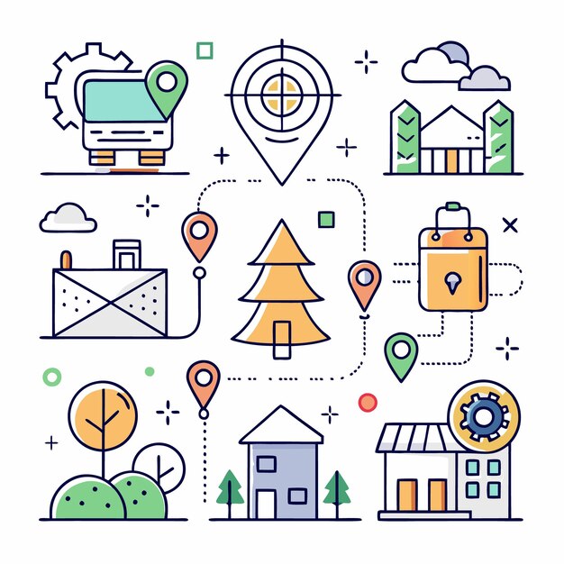 Iconos de ubicación conectados con árboles, edificios y una bolsa de compras