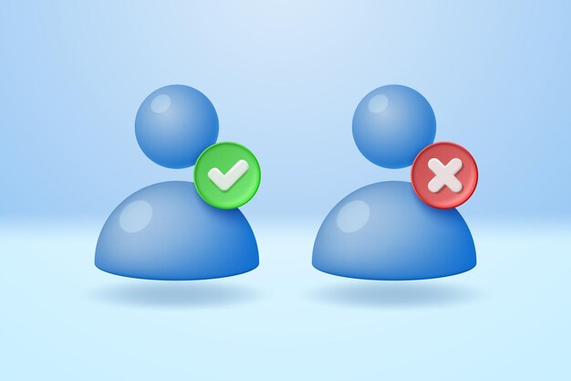 Iconos de usuario con marca de comprobación verde y cruz roja Contraseña aprobada y rechazada del nombre del perfil de usuario