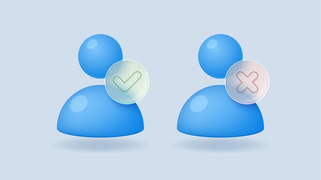 Iconos de usuario con marca de verificación verde y cruz roja en estilo de morfismo de vidrio mate transparente Nombre de perfil de usuario aprobado y rechazado contraseña Ilustración vectorial 3d