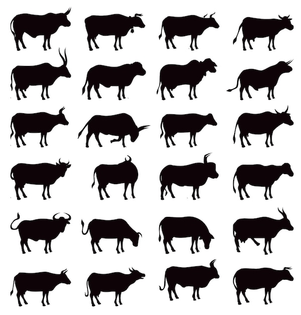 Iconos de vaca de animales de granja siluetas vectoriales aisladas