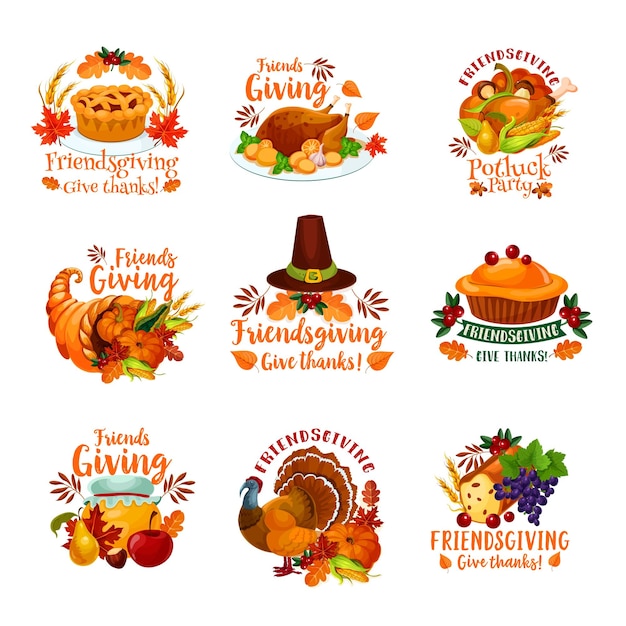 Iconos de vacaciones y comida compartida de Friendsgiving