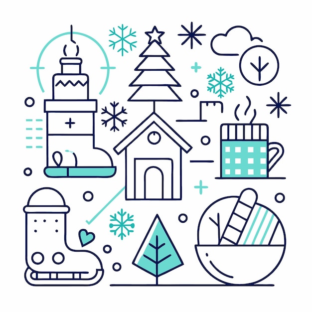 Iconos de las vacaciones de invierno con una bota una taza de bebida caliente un árbol una casa y copos de nieve