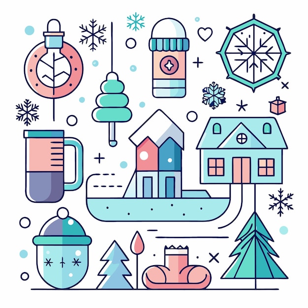 Iconos de vacaciones de invierno con casas de nieve y adornos