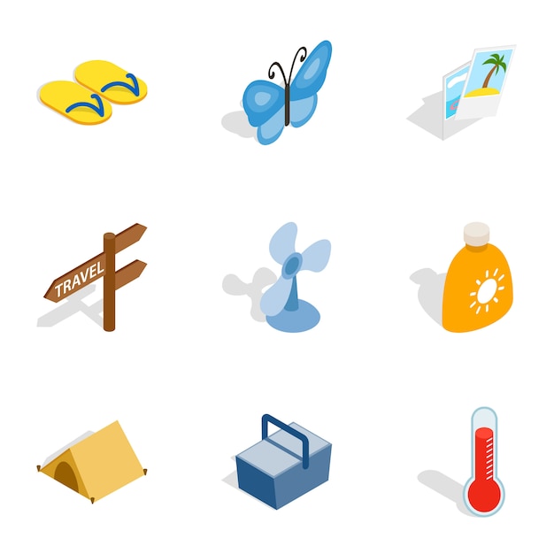 Iconos de vacaciones de playa, isométrica estilo 3d