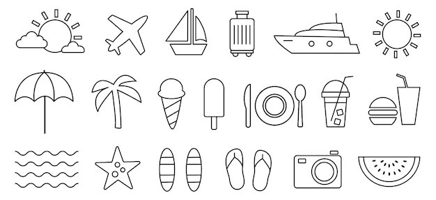 Iconos de vacaciones de verano que representan actividades de playa, viajes esenciales y golosinas refrescantes en un