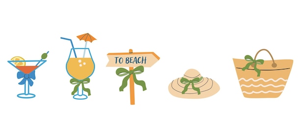 Iconos de vacaciones de verano con señales de playa refrescantes bebidas y accesorios para uso de diseño