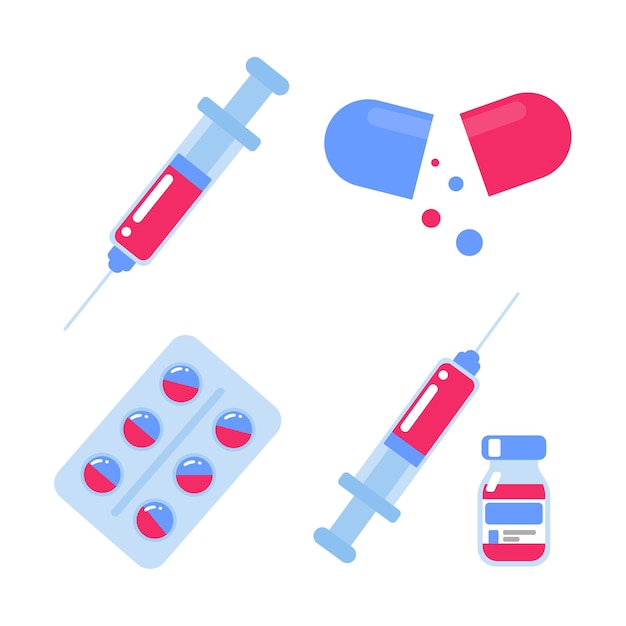 Iconos de vacunas y medicamentos para ayudar a los pacientes concepto de prevención de nuevas cepas de virus
