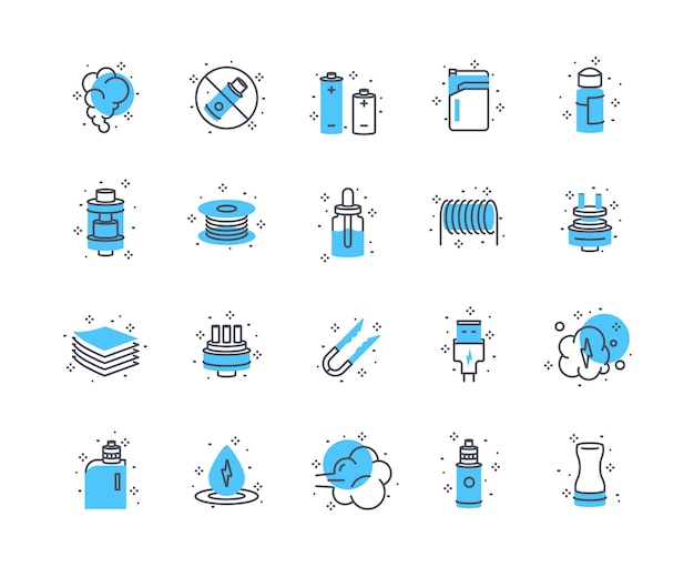 Vector iconos de vapeo conjunto de colores dispositivo para fumar humo y estilo de vida poco saludable tecnologías modernas gadget y dispositivos malos hábitos colección de vectores planos lineales aislados en fondo blanco