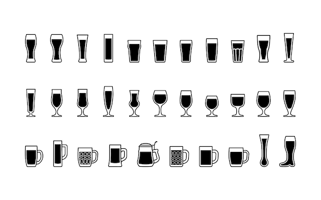 Iconos de vasos de cerveza en blanco y negro Ilustración vectorial