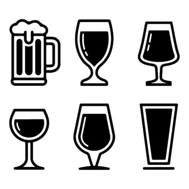 Iconos de vasos de cerveza y vino conjunto vectorial de vasos para bebidas símbolos de pubs y bares logotipo de bebidas para fiestas