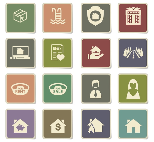 Iconos de vector de bienes raíces en etiquetas de cartón