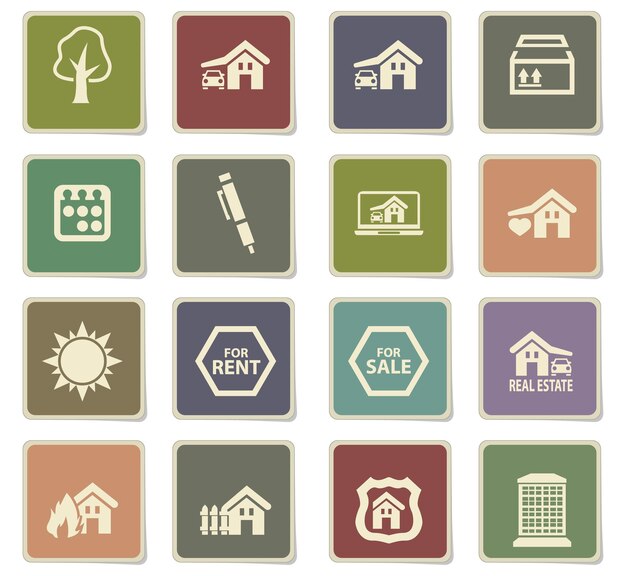Iconos de vector de bienes raíces en etiquetas de cartón