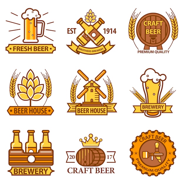 Iconos de vector de cerveza para cervecería bar pub o etiquetas de productos