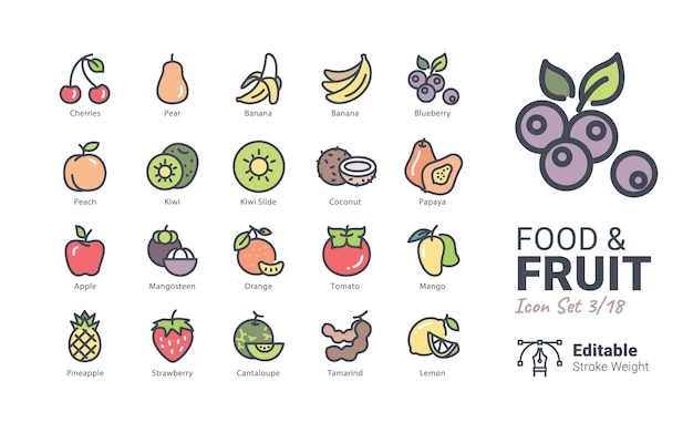 Iconos de vector de comida y fruta