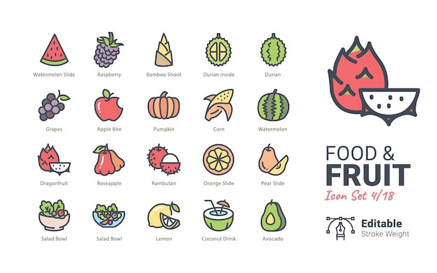Iconos de vector de comida y fruta