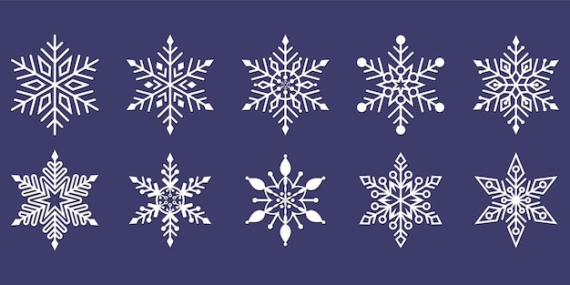 Iconos de vector de copo de nieve aislados sobre fondo azul, concepto de copo de nieve de Navidad