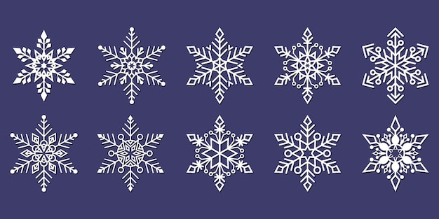 Iconos de vector de copo de nieve aislados sobre fondo azul, concepto de copo de nieve de Navidad
