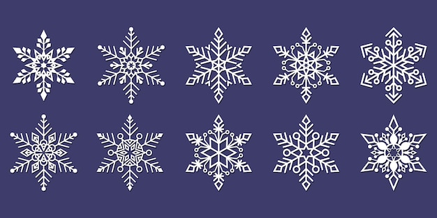 Iconos de vector de copo de nieve aislados sobre fondo azul, concepto de copo de nieve de navidad