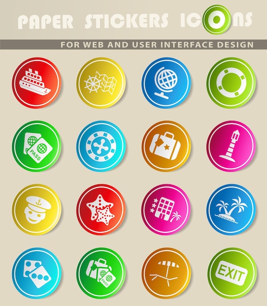 Iconos de vector de crucero en pegatinas de papel de colores