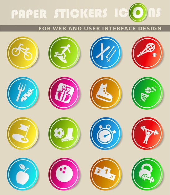 Iconos de vector de deporte en pegatinas de papel de colores