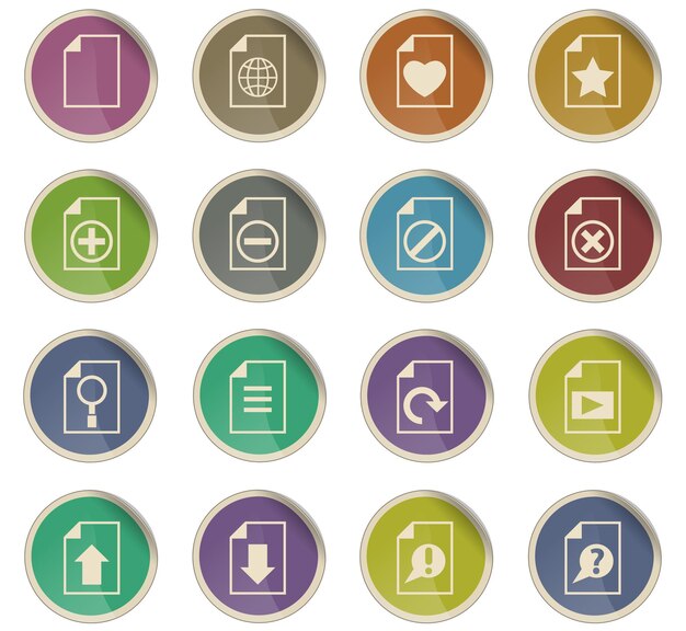 Iconos de vector de documento en forma de etiquetas de papel redondas