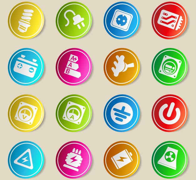 Iconos de vector de electricidad en pegatinas de papel de colores