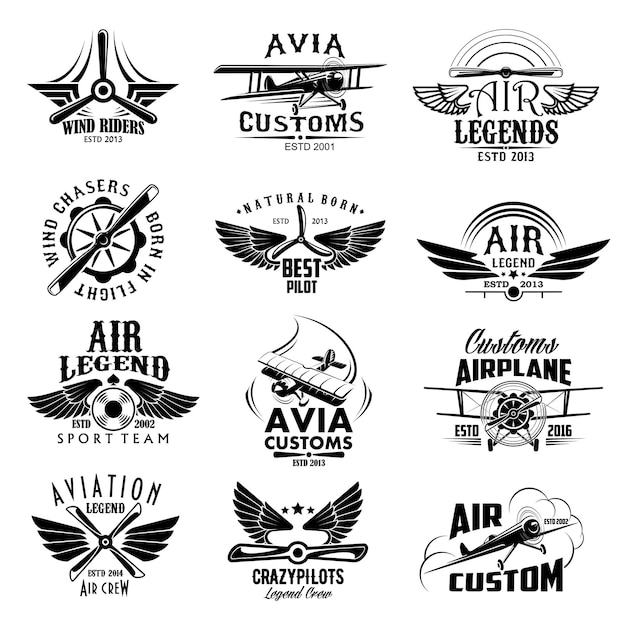 Iconos de vector de equipo de deporte de avión retro de aviación