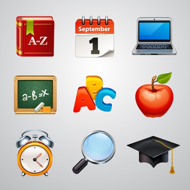 Iconos de vector de escuela set 2 sobre fondo gris