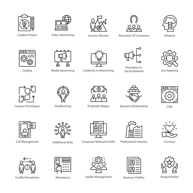 Iconos de Vector de esquema de gestión empresarial